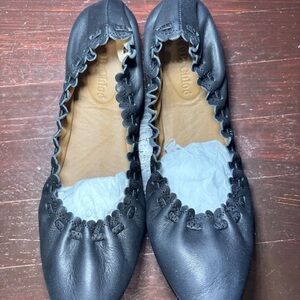 See by Chloe Black Leather Scalloped Ballet Flats